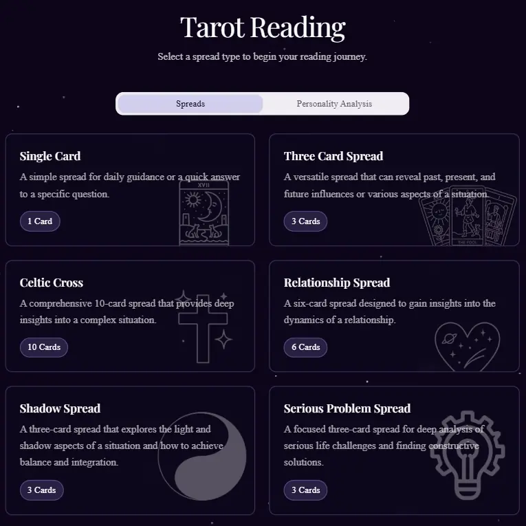 Various Tarot card spreads on a mystical background